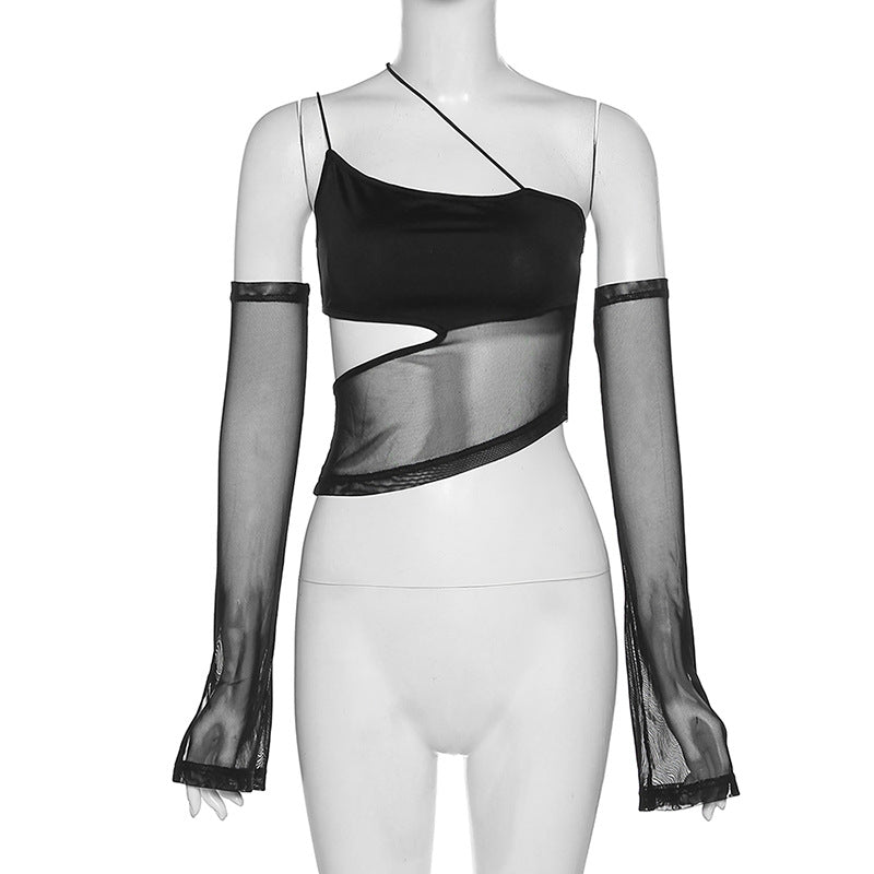 Asymmetrical Cut Out Mesh Crop Top with Sleeves