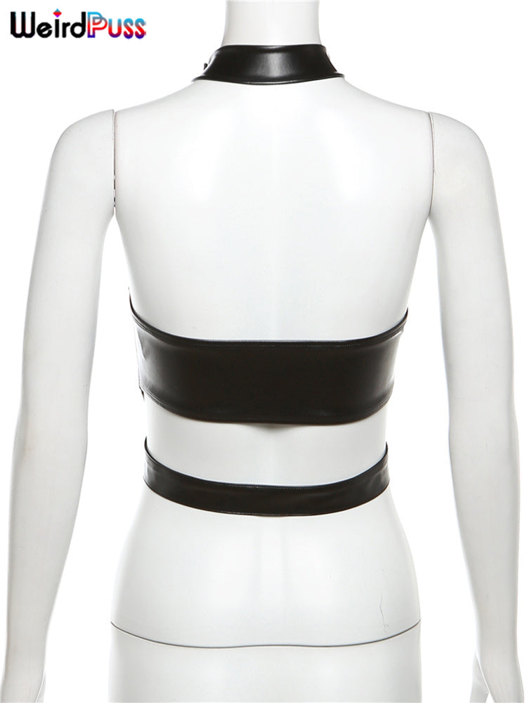 Weird Puss PU Backless Women Tank Top